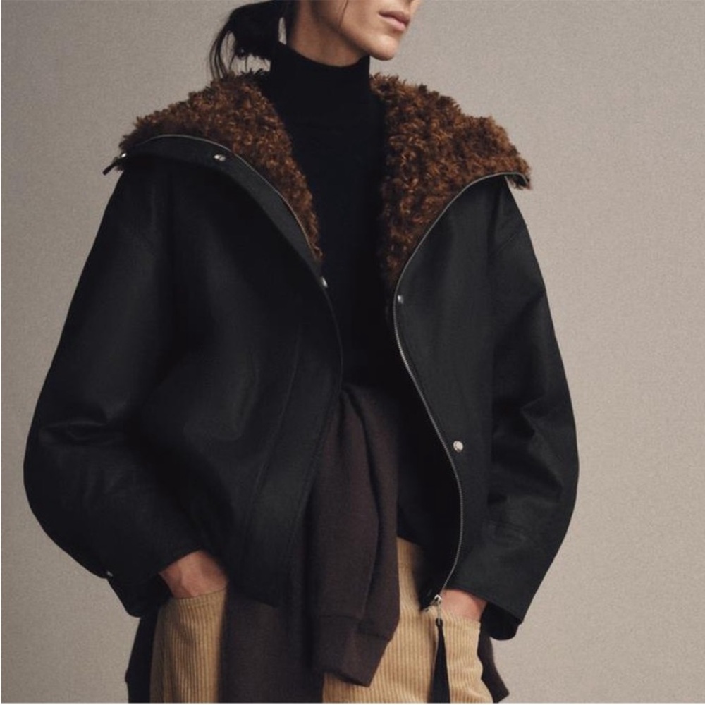 Zara Black Bomber Jacket with Brown Shearling Hood